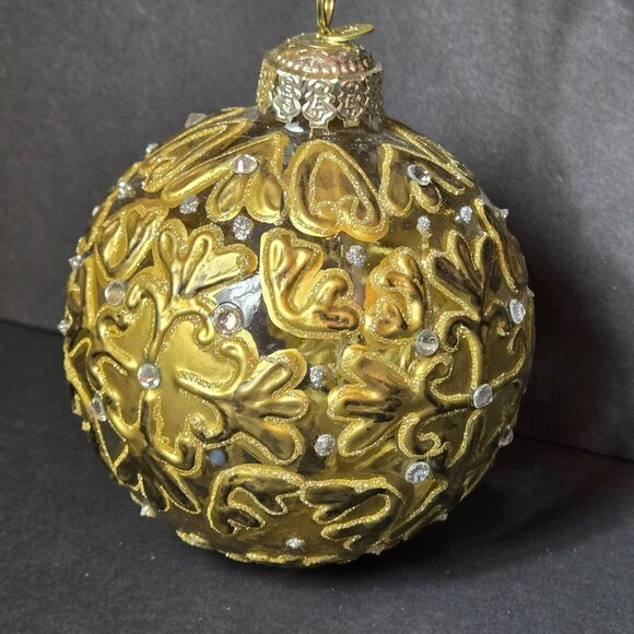 Frontgate Gold Glass Ornament Hand Decorated Glitter Embellished 4 Inch Holiday - Picture 2 of 8
